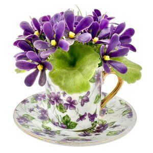 Vtg Inarco E-563 Porcelain Violet Floral Cup Saucer Figurine Flowers Gold Accent